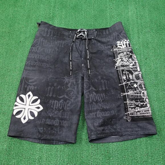 Affliction Board Shorts Mens 34 Black Gothic Print Swim Trunks Lace Up Stretch - Picture 1 of 15